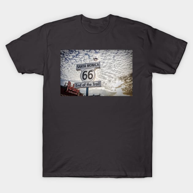 End of Trail Route 66 Santa Monica T-Shirt by Robert Alsop